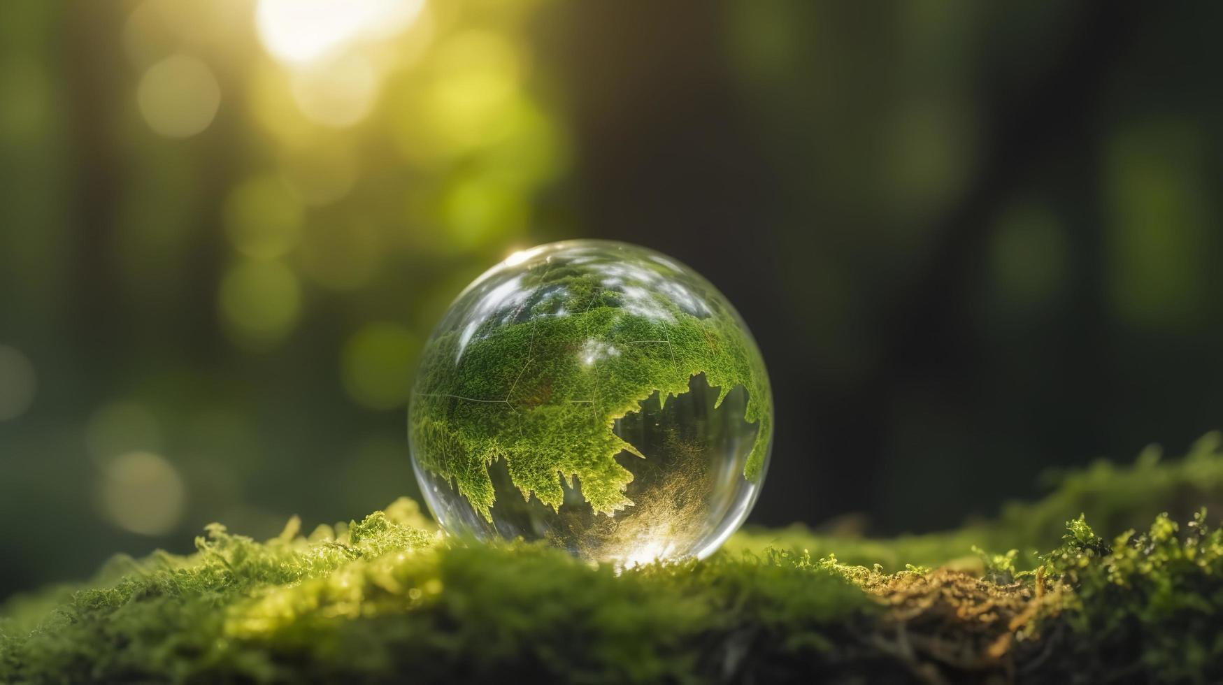 Photo sunlight with earth sphere crystal or sustainable globe glass on green moss nature background in ecology environment forest concept of tree conservation environmental planet eco, generat ai