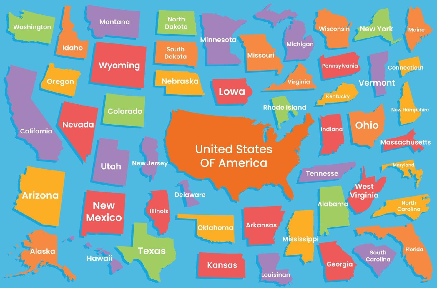 Flat united states map with separate states and name pro vector