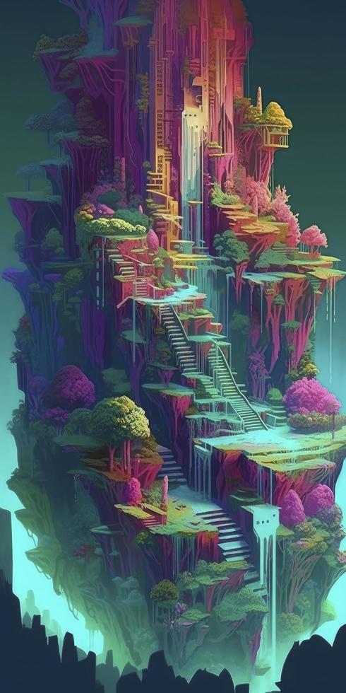 a towering fortress with floating stairs and cascading waterfalls, Generate Ai photo