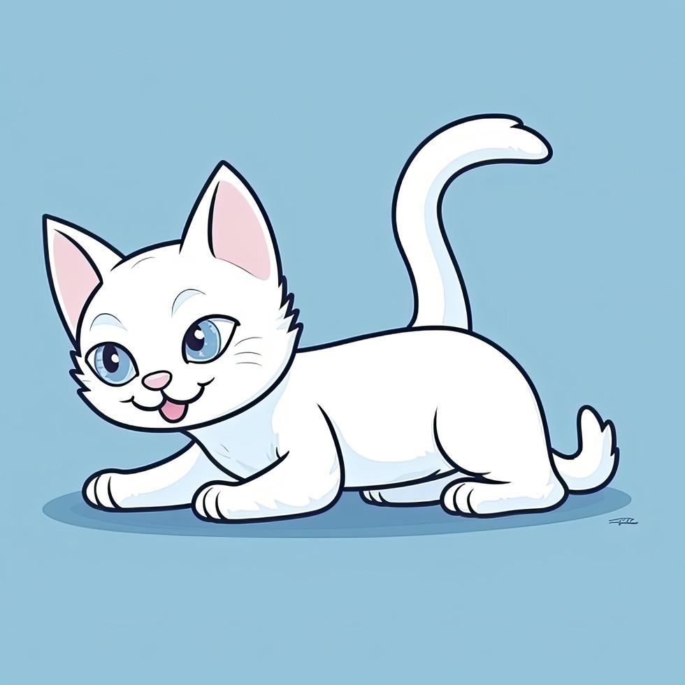 adorable tiny white cat, crouching, playful, happy, kawaii style