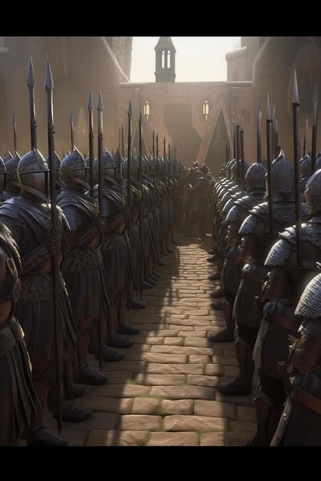 Generate a 2D image of a medieval army in formation with soldiers standing in neat rows and columns. The scene should be set during the day with bright natural lighting, generat ai photo