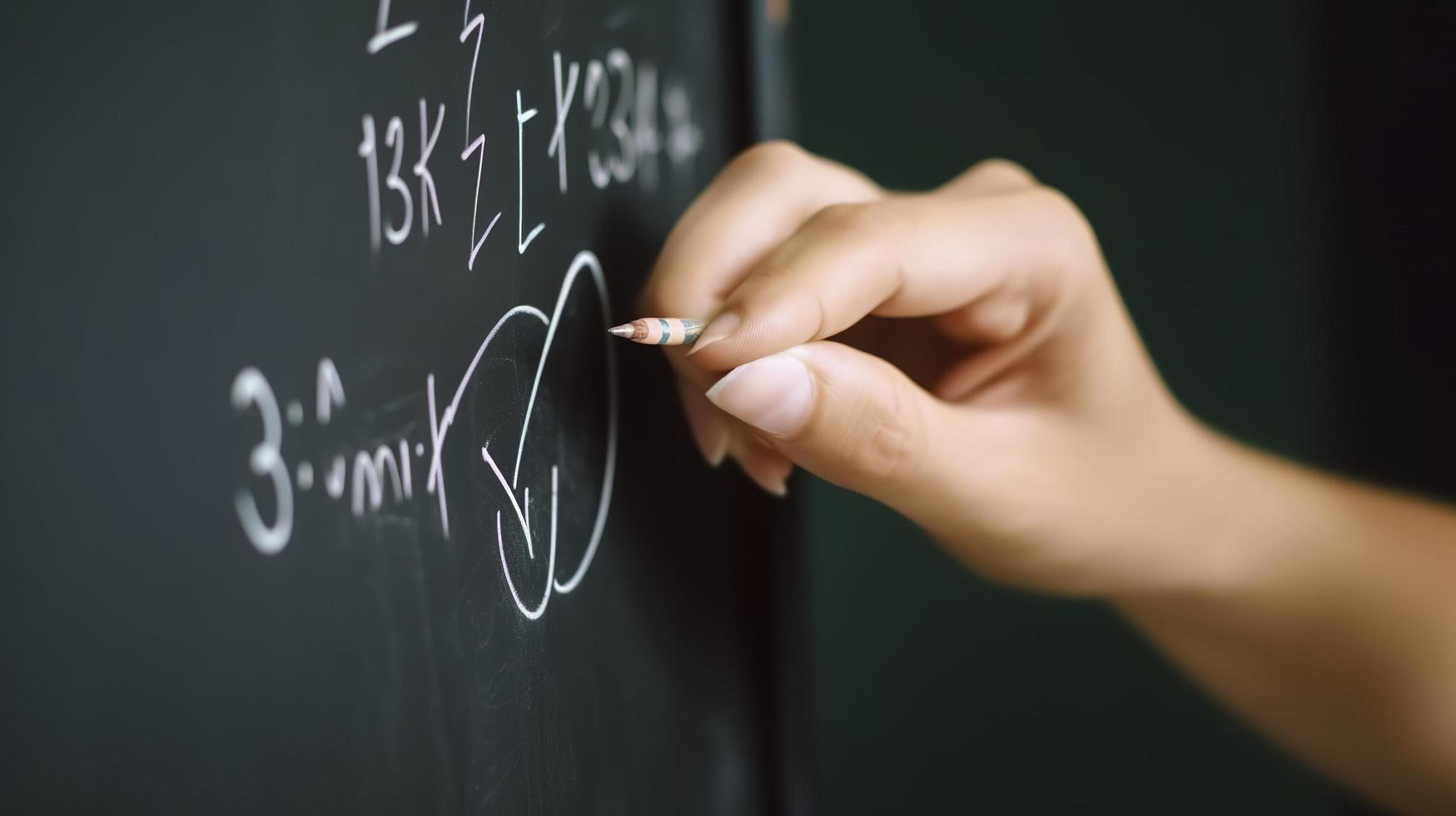 Photo aged math teacher writing formula on chalkboard, generat ai