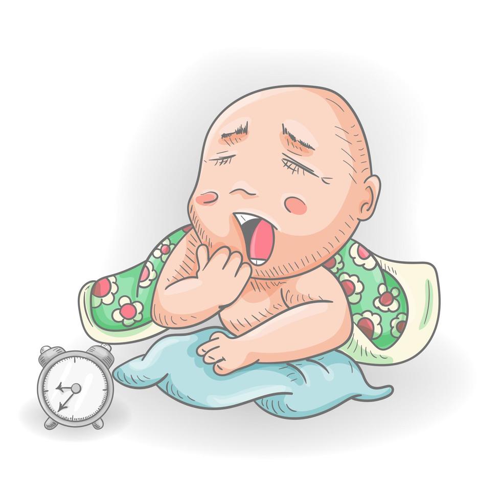 Little funny man Chibi yawns lying on a pillow under a blanket colored contour vector illustration in the style of doodle