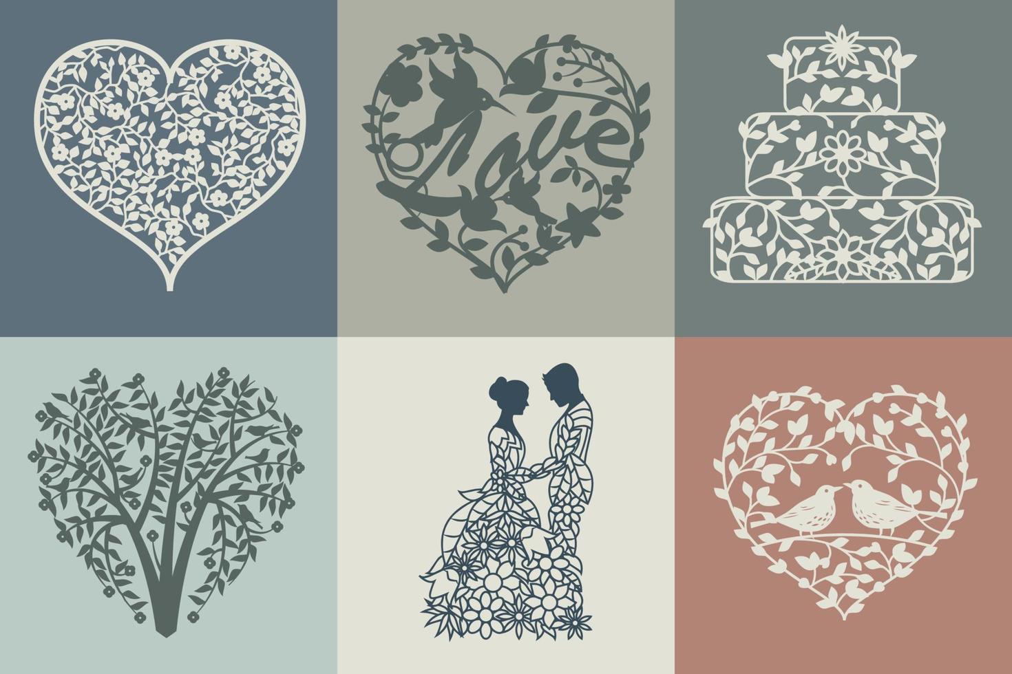 Detailed wedding illustrations including vector hearts