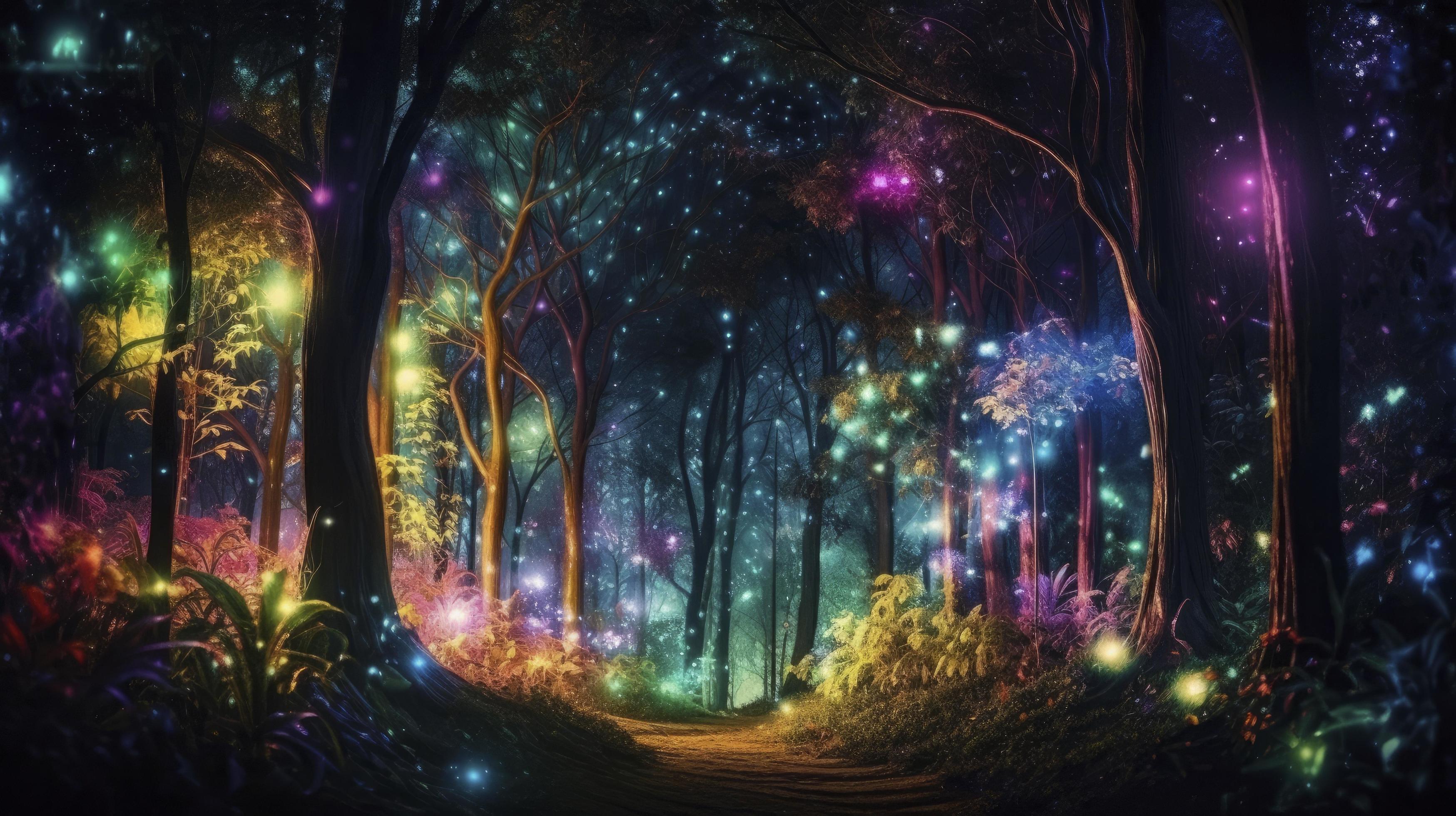 A beautiful fairytale enchanted forest at night made of glittering ...