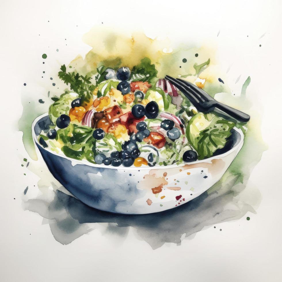 fácil resumen acuarela dibujo de un ensalada bol, blanco fondo, generar ai foto