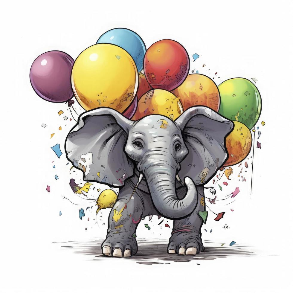 cute and friendly baby elephant holding colorful balloons, friendly colors, big round goggle eyes, plain white background, generat ai photo