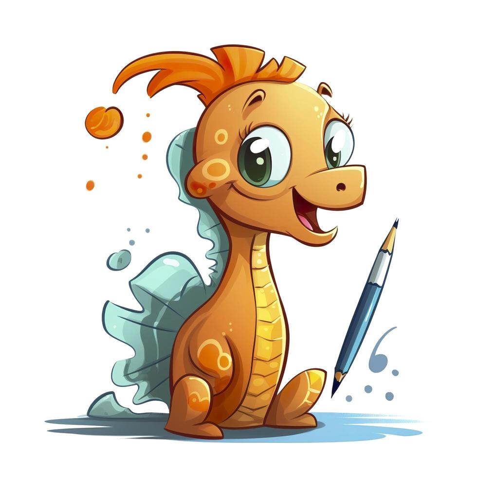 drawn cartoon cute funny seahorse white background, minimalism, generat ai photo