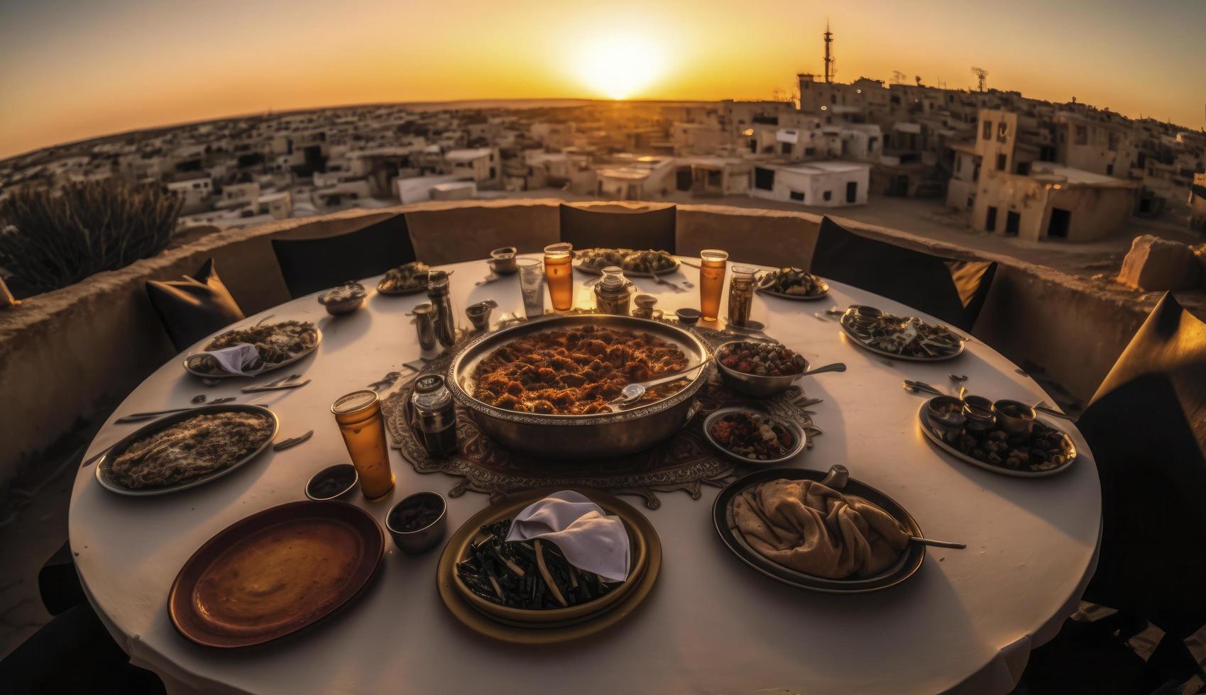 Ramadán iftar alimento, iftar comidas y reuniones, Ramadán iftar Eid. musulmán familia tiene cena a hogar. mesa con tradicional alimento. eid al-fitr celebraciones, generar ai foto