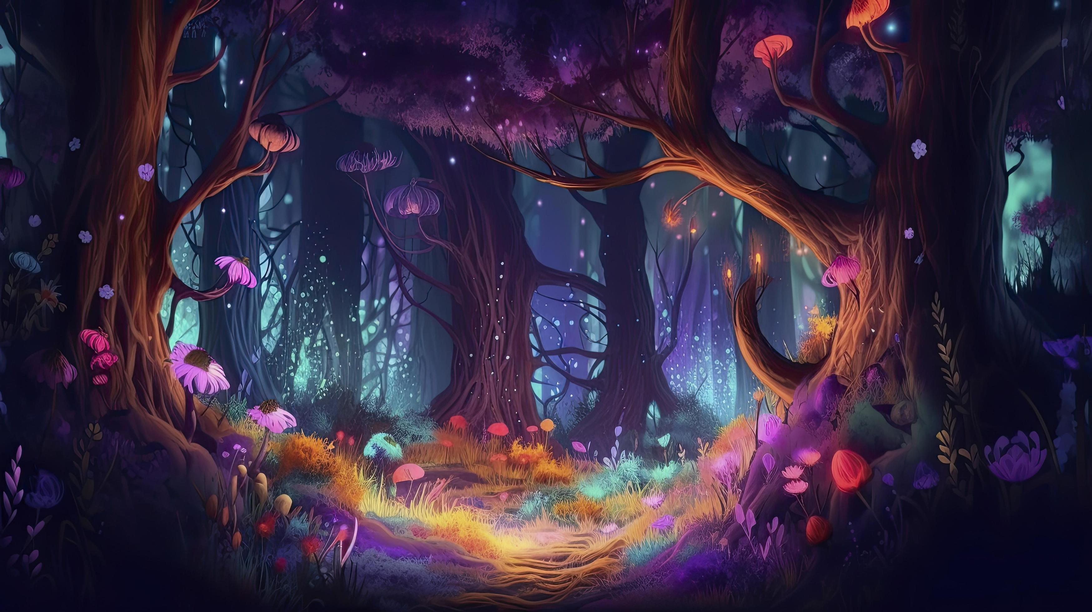 A beautiful fairytale enchanted forest at night made of glittering crystals  with trees and colorful vegetation, Generate Ai 22712809 Stock Photo at  Vecteezy