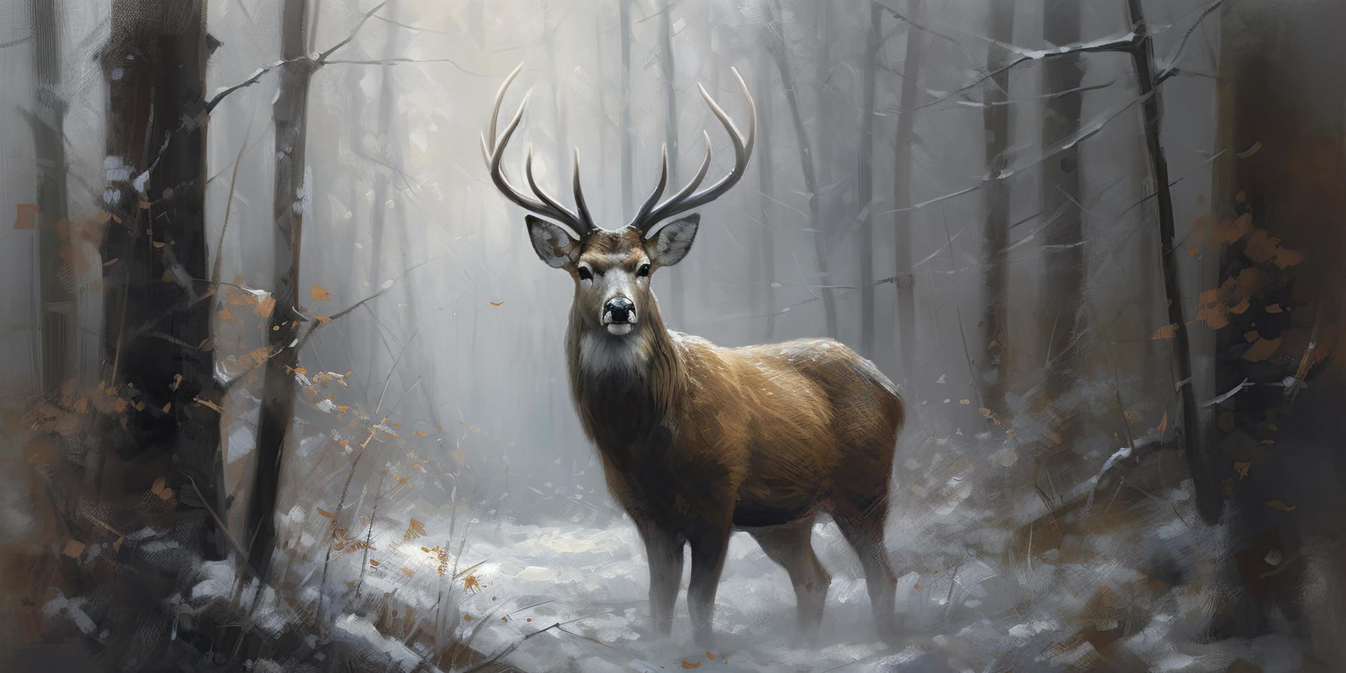 a lovely painting of a deer in the forest with light snow falling, Generate Ai photo