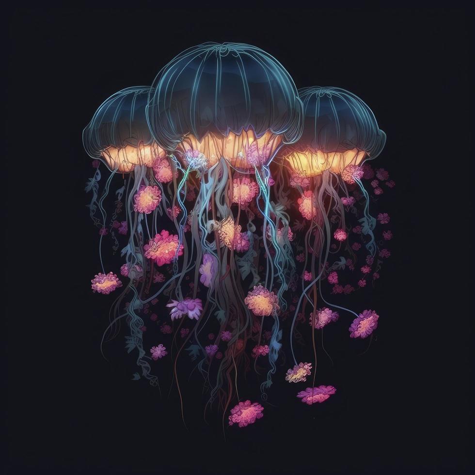 giant luminescent jellyfish with tentacles in the form of branches with flowers, generat ai photo
