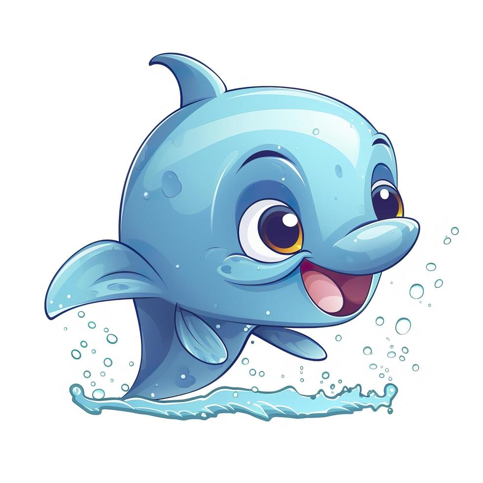 drawn cartoon cute funny dolphin white background, minimalism, generat ai photo