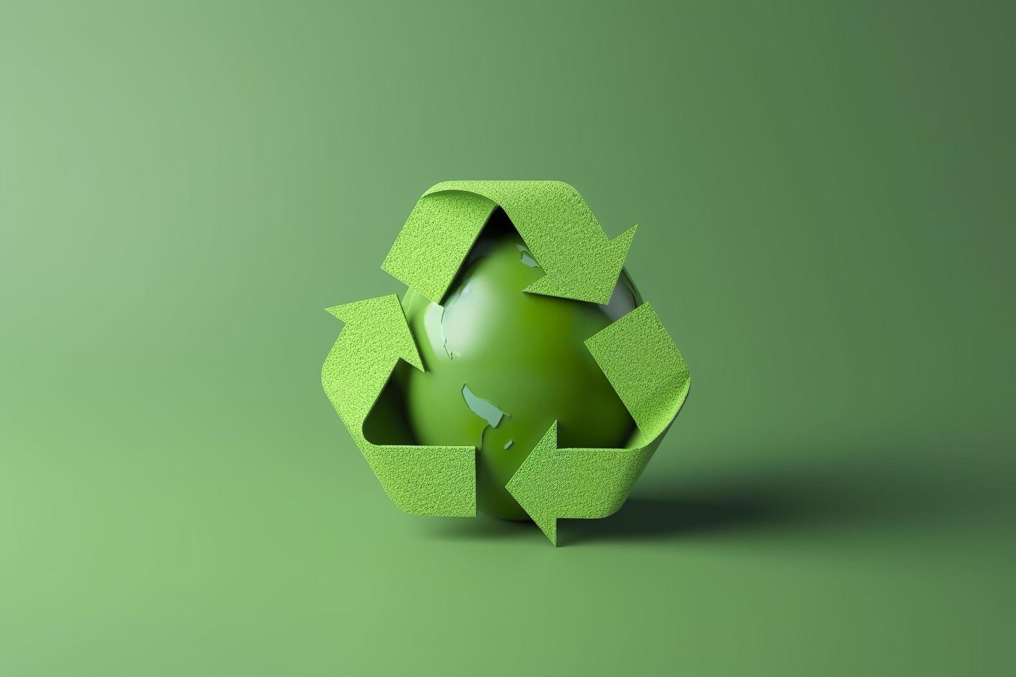 3d rendering green recycle sign with globe on background save the world and environment concept, generat ai photo