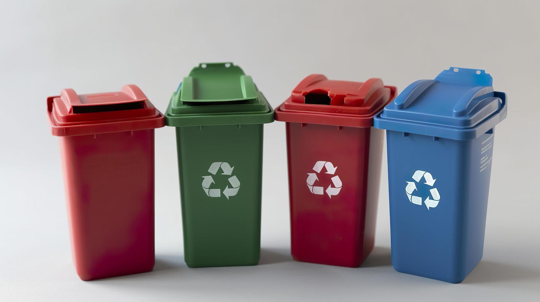 Free photo three miniature recycle bins, generat ai