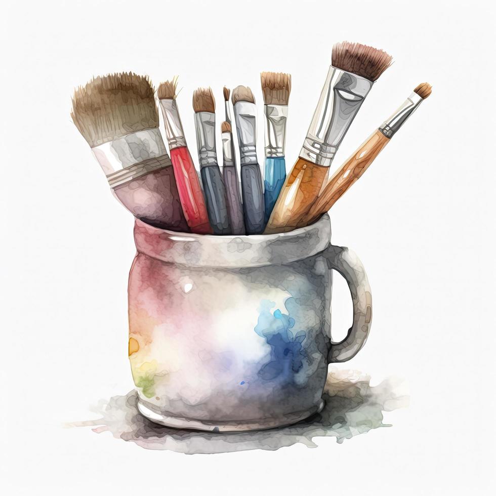 cup with brushes very light pastel colors, watercolor, light colors on white background, generat ai photo