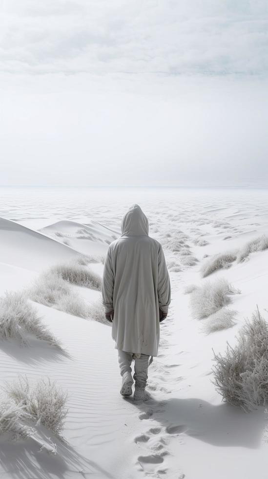 a man in a white hoodie is walking along the white snowy desert, hiding his face and fluttering in the cold winter wind,  generat ai photo
