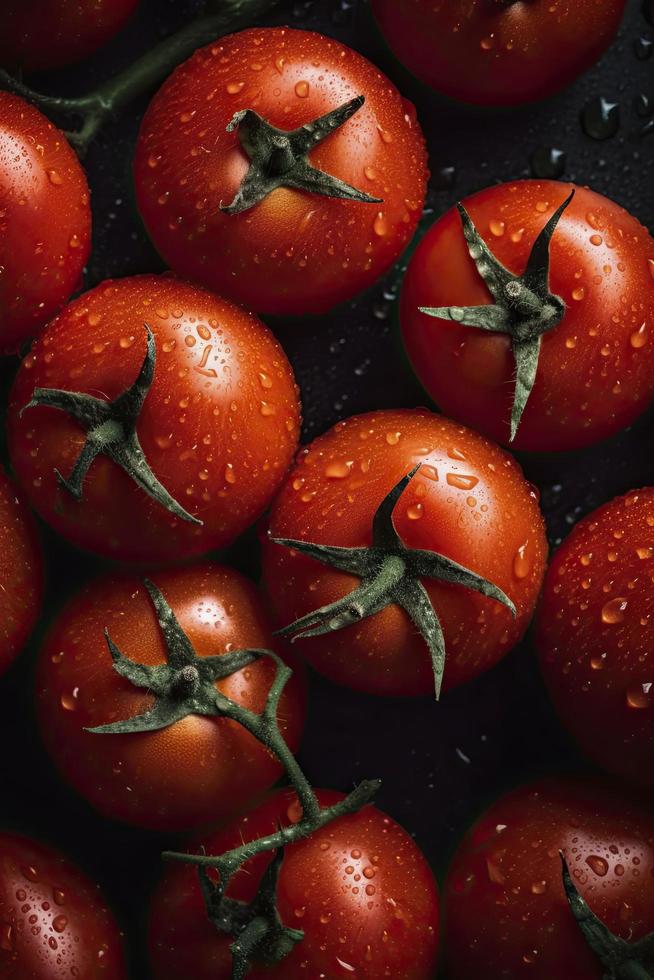 un montón de maduro rojo Tomates, visible gotas de agua, generar ai foto