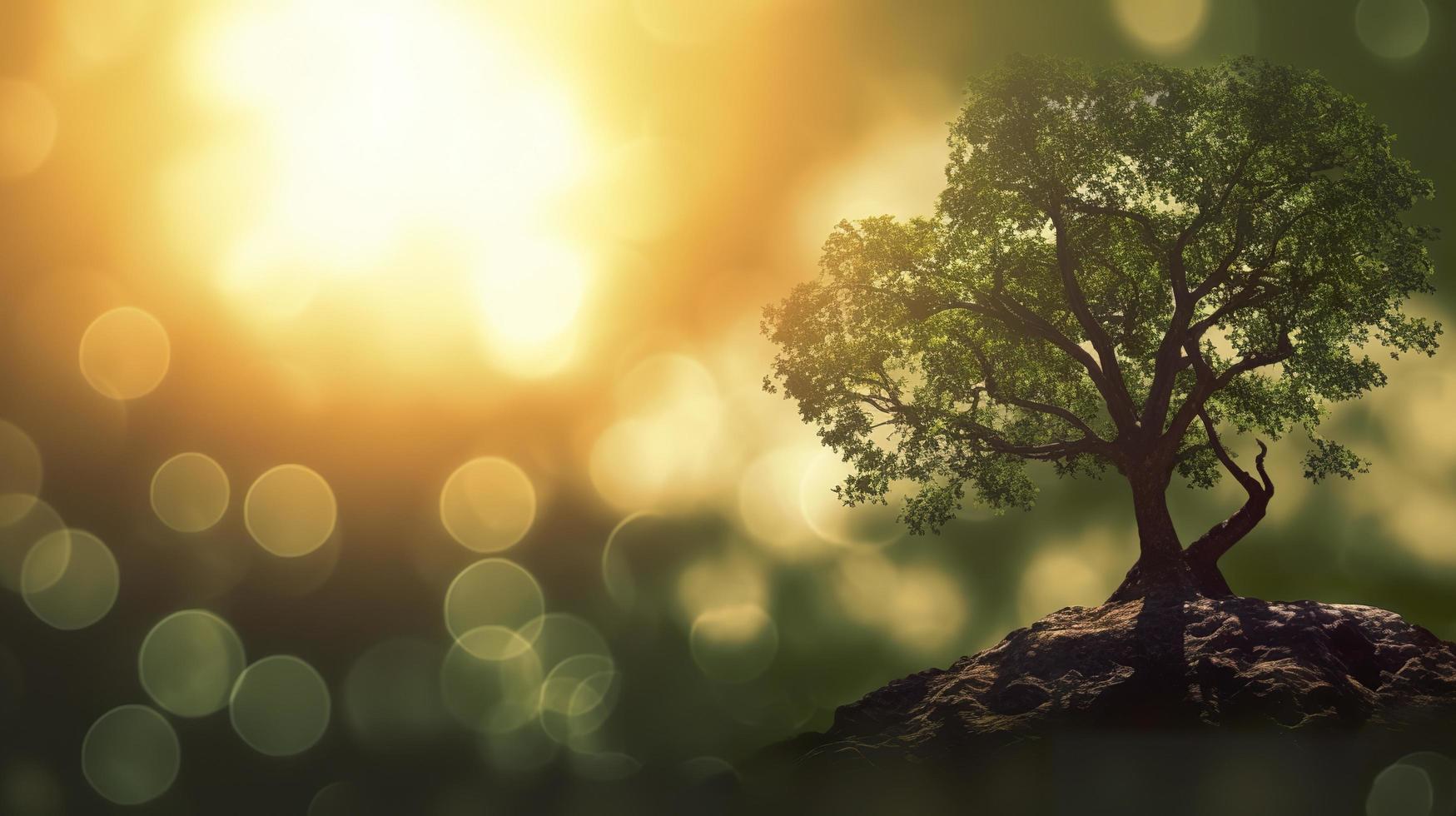 Free photo 3d background of the sun shining onto a tree against a bokeh background, generat ai
