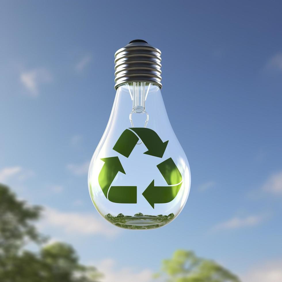 Glass bulb suspended in the air with a blue sky in the background and a green recycling symbol inside it. 3d render, generat ai photo