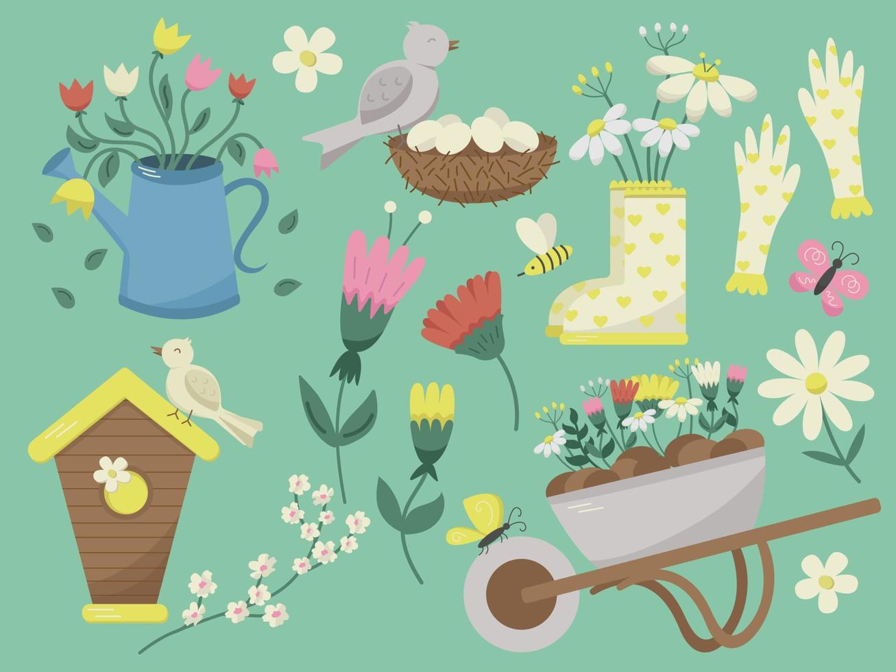 Set of spring season gardening objects, birds nest and house, flowers. Vector design element for greeting and advertising products.