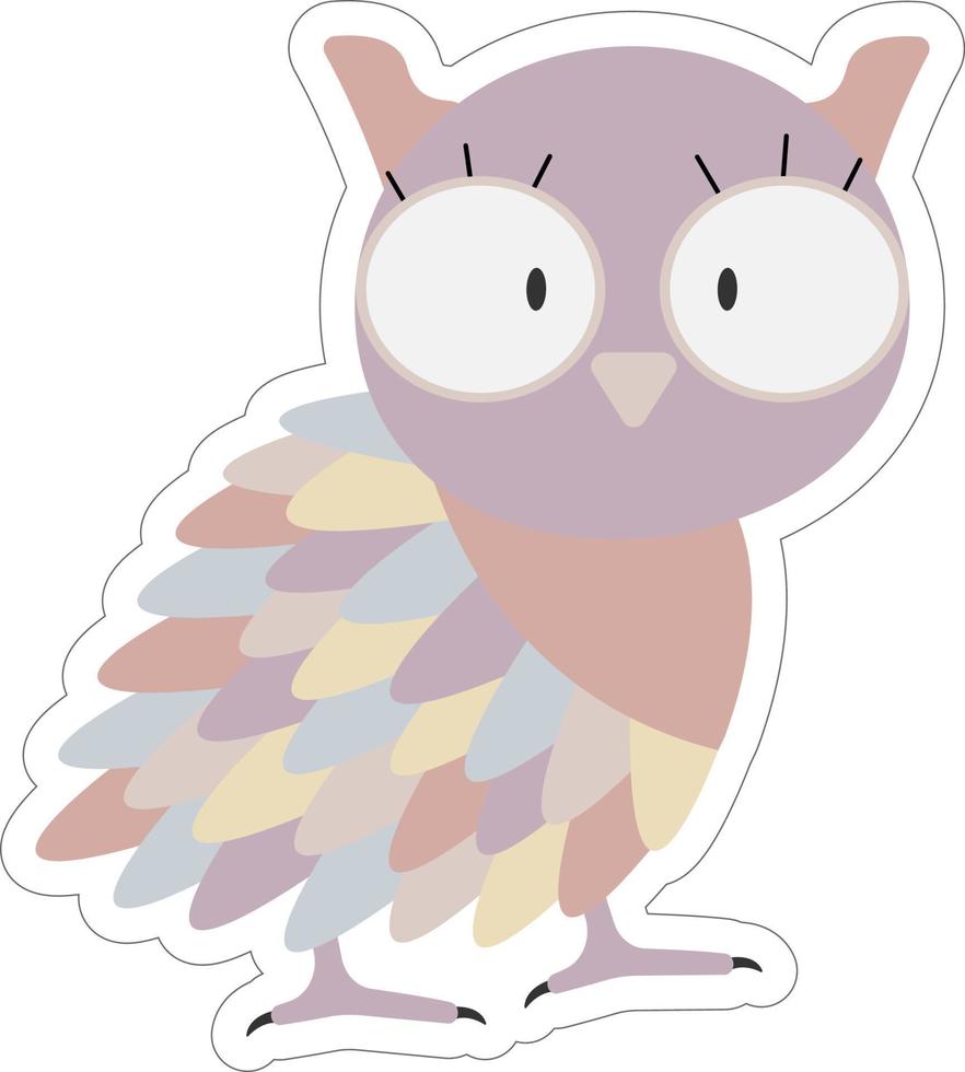 Cute pretty sticker of cartoon girl owl with colorful feathers. Vector pastel illustration for baby print, birthdays and invitation designs.