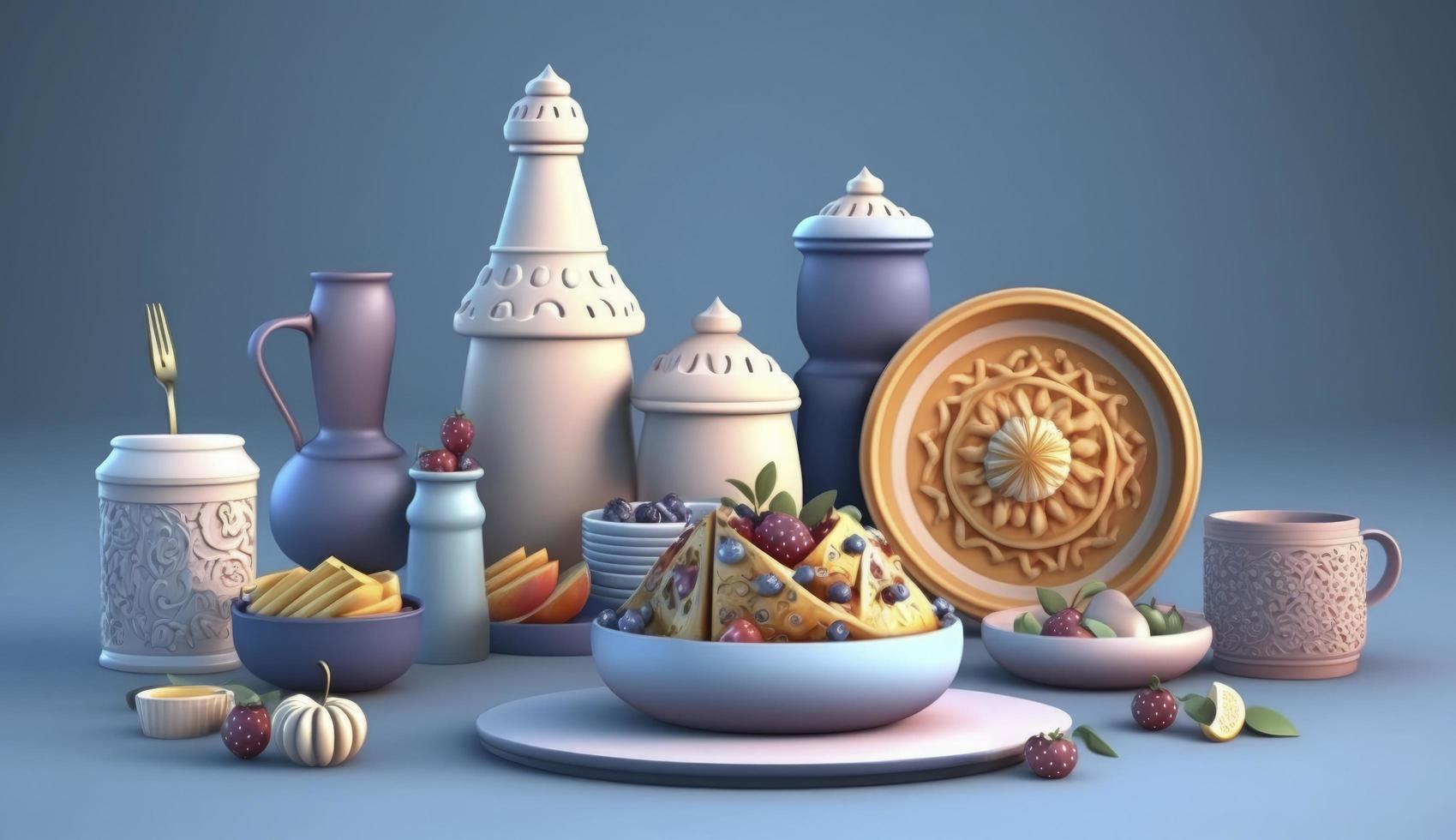 Iftar meals and gatherings, pastel colors, on blue background. Creativity of human.3d render and illustration, Generate Ai photo