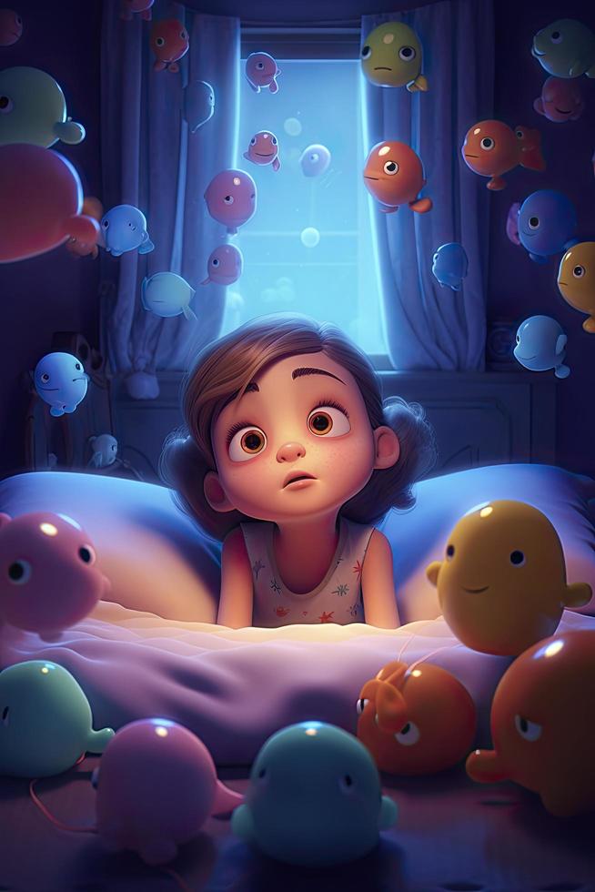 A cute little girl lying in bed dreaming, beautiful big eyes, fantasy creature, jellyfish floating, dreamy bedroom, soft bed, bright colors, generat ai photo