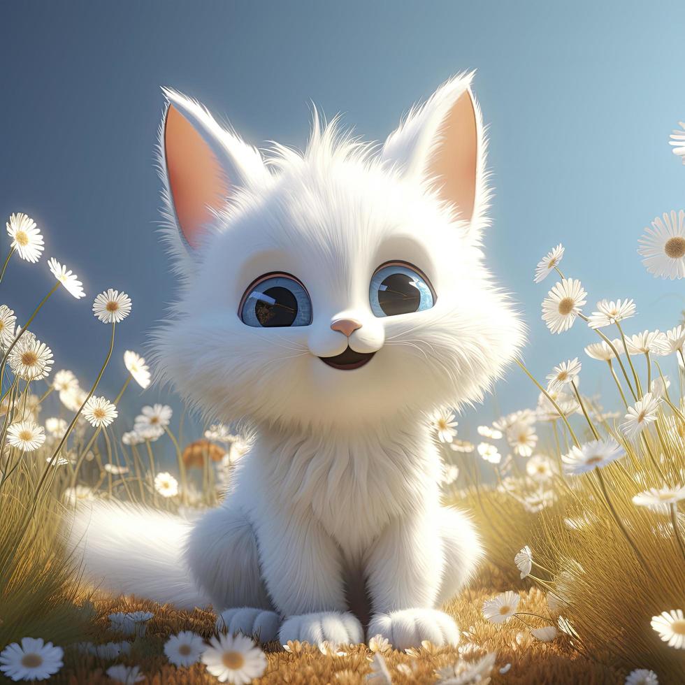 a super cute baby Pixar-style white fairy rabbit, shiny white fluffy, big bright eyes, fluffy tail, smile, fairy tale, generat ai photo