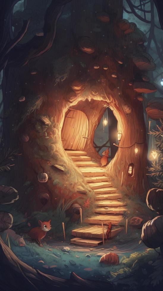 an epic illustration looking trough a tree hole into the inside of a Squirrel's home, the inside is decorated for Christmas, generat ai photo