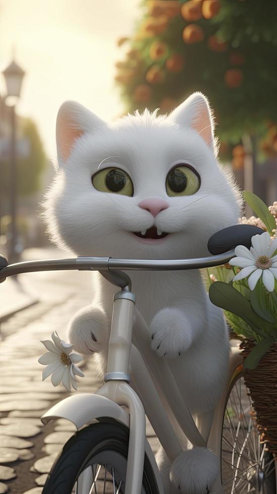 super cute adorable fluffy white kitty smiles happily, rides a bicycle with a flower basket to send flowers, bright big eyes, cute smile, generat ai photo