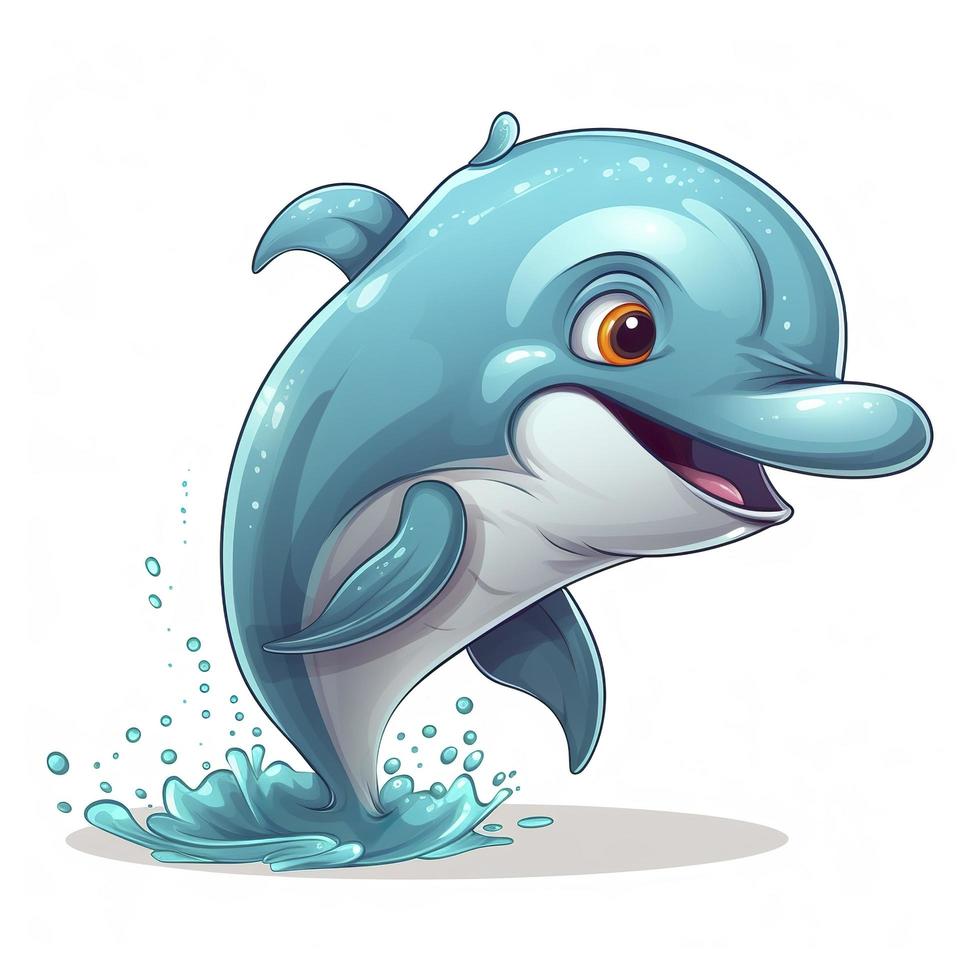 drawn cartoon cute funny dolphin white background, minimalism, generat ai photo