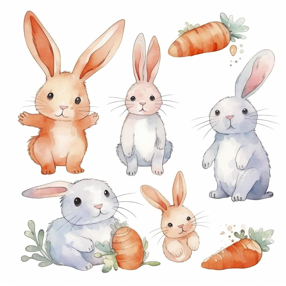 simple Kawaii cute pretty rabbit, carrot,sheet of parts, watercolor, white background, generat ai photo