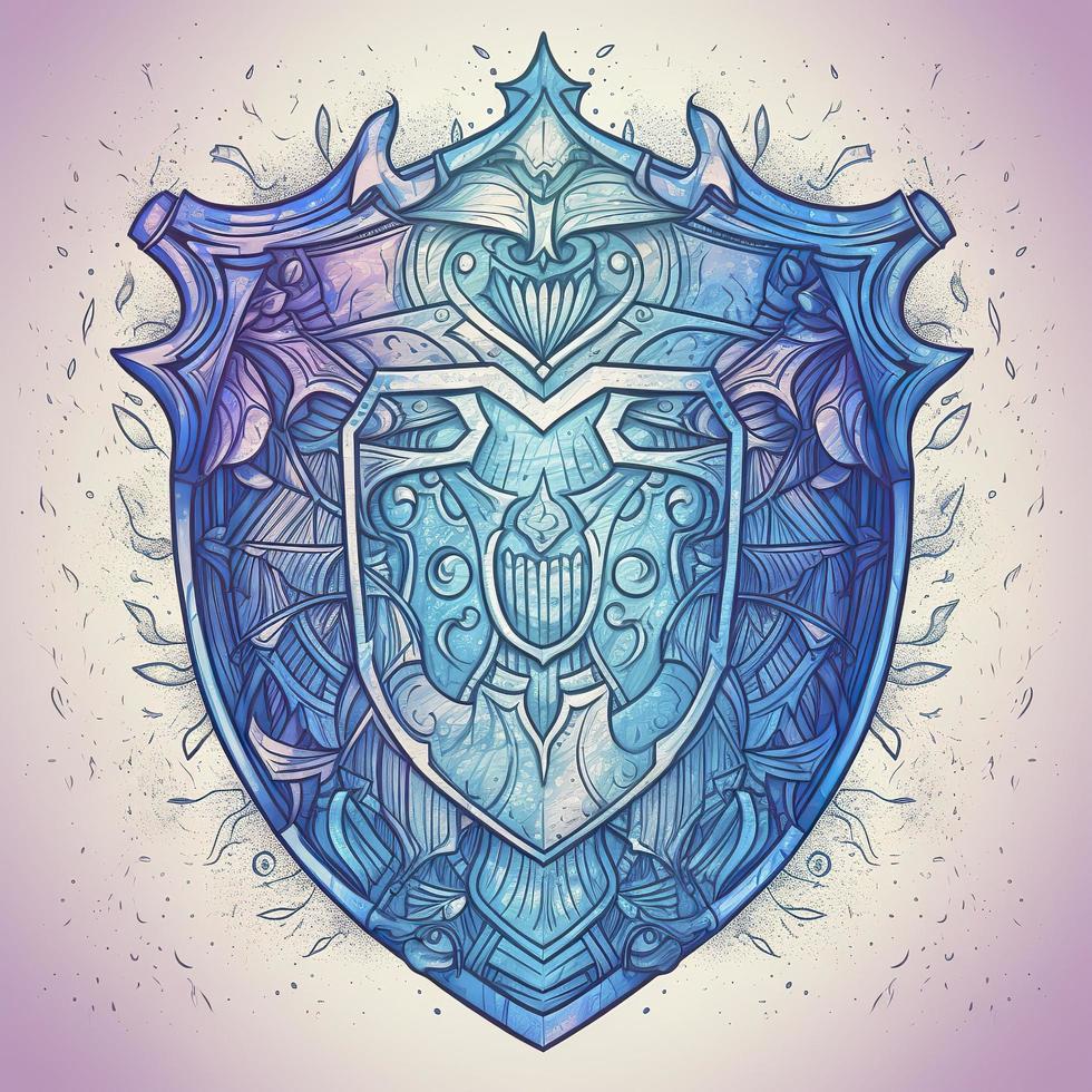 web site hero, a knight's shield, in style of Watercolor with ink pen outline, inspiring, intricate, gradients of blue, generat ai photo