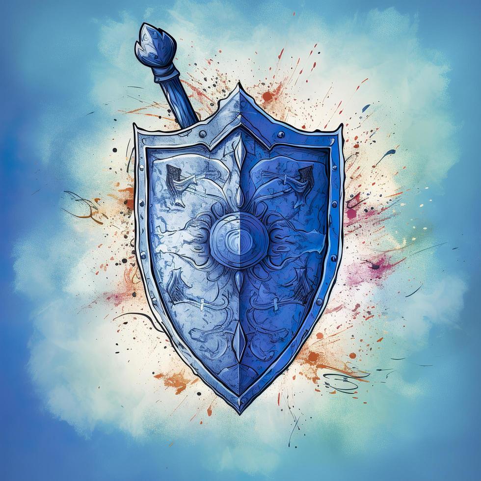 web site hero, a knight's shield, in style of Watercolor with ink pen outline, inspiring, intricate, gradients of blue, generat ai photo