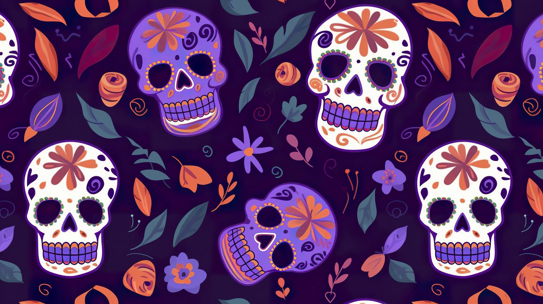 Muertos pattern with skull mexico day dead holiday floral skull face floral seamless background halloween seamless pattern purple background, generat ai photo