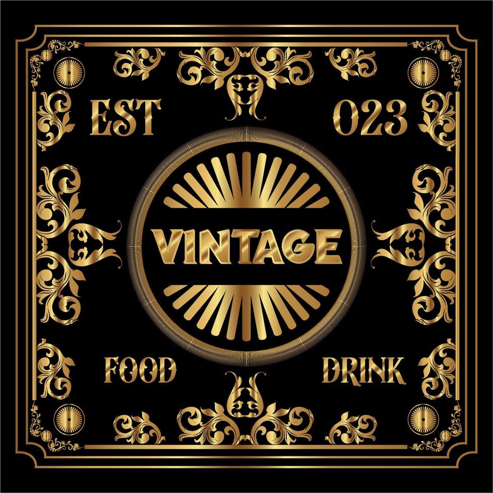 Vintage food and drink gold label with a black background color for premium packaging and logos vector