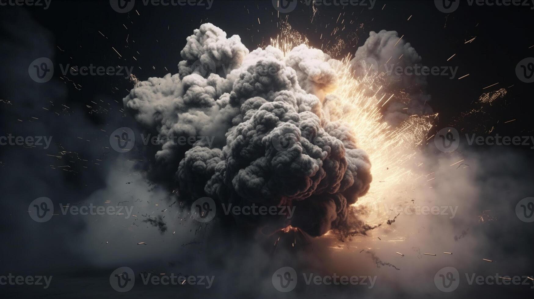 Big explosion with smoke and fire on black background artwork photo
