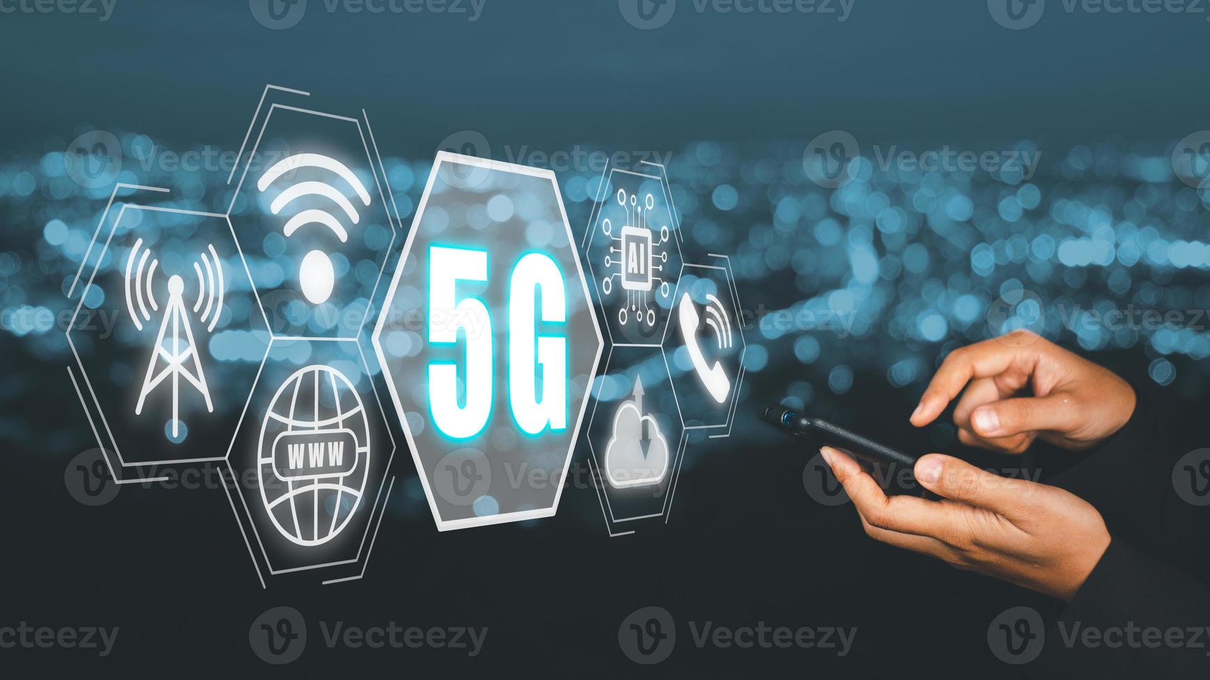 Global communication network concept, Person hand using smart phone with 5G and wifi icon on virtual screen, World wide business, high-speed mobile Internet, new generation networks. Mixed media. photo