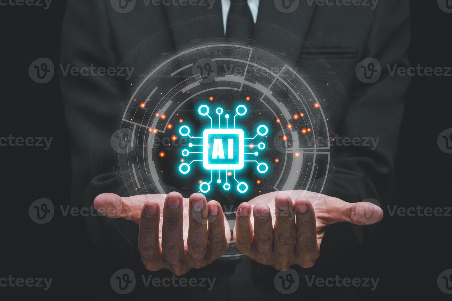 Artificial Intelligence AI, Person hand holding holographic brain Artificial Intelligence icon from the screen, Internet of Things IoT concept. photo