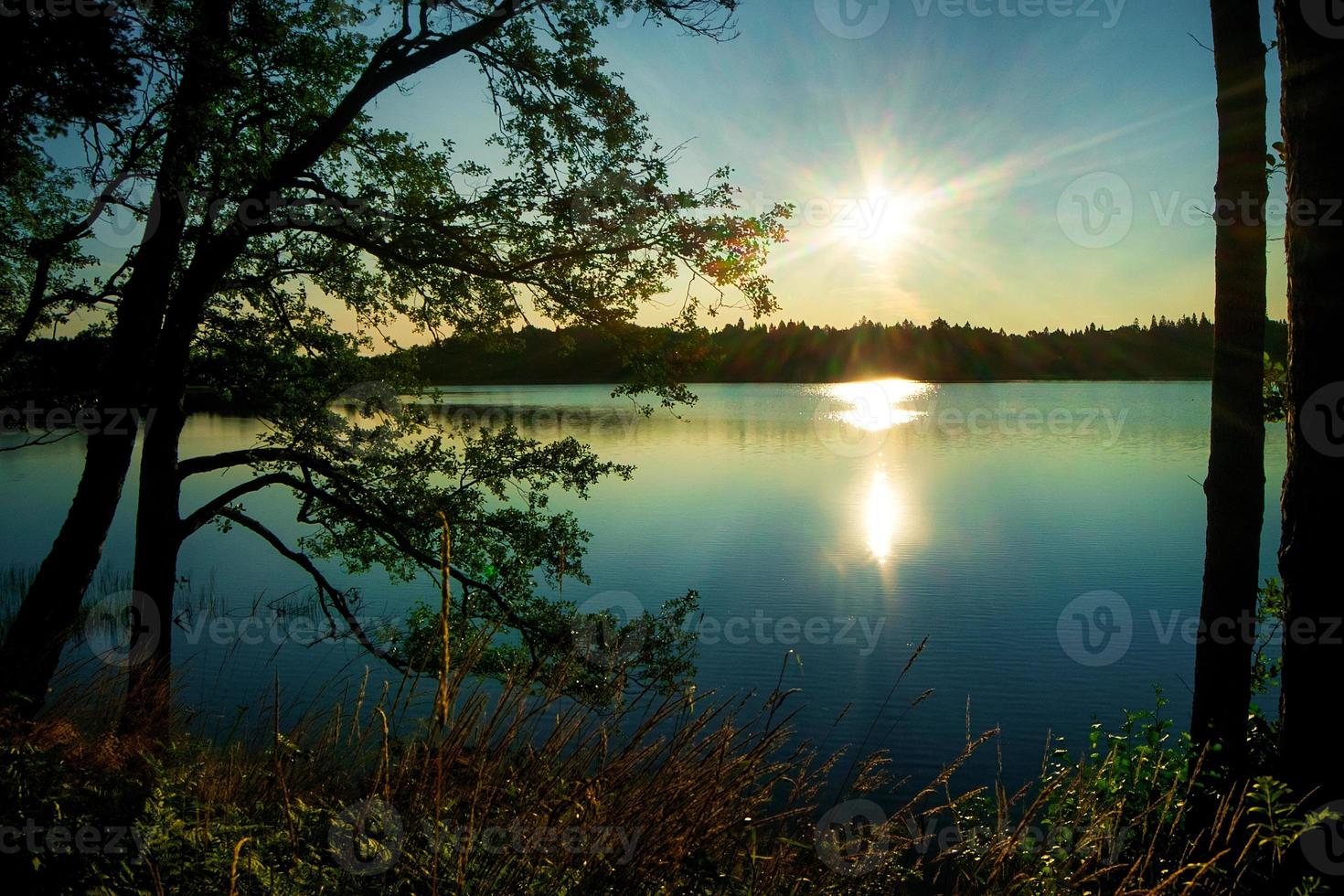 Dramatic Lithuanian lake Plateliai on sunrise. Blue lake grass and morning warm sunny background. Sun flare in the morning above the lake. photo