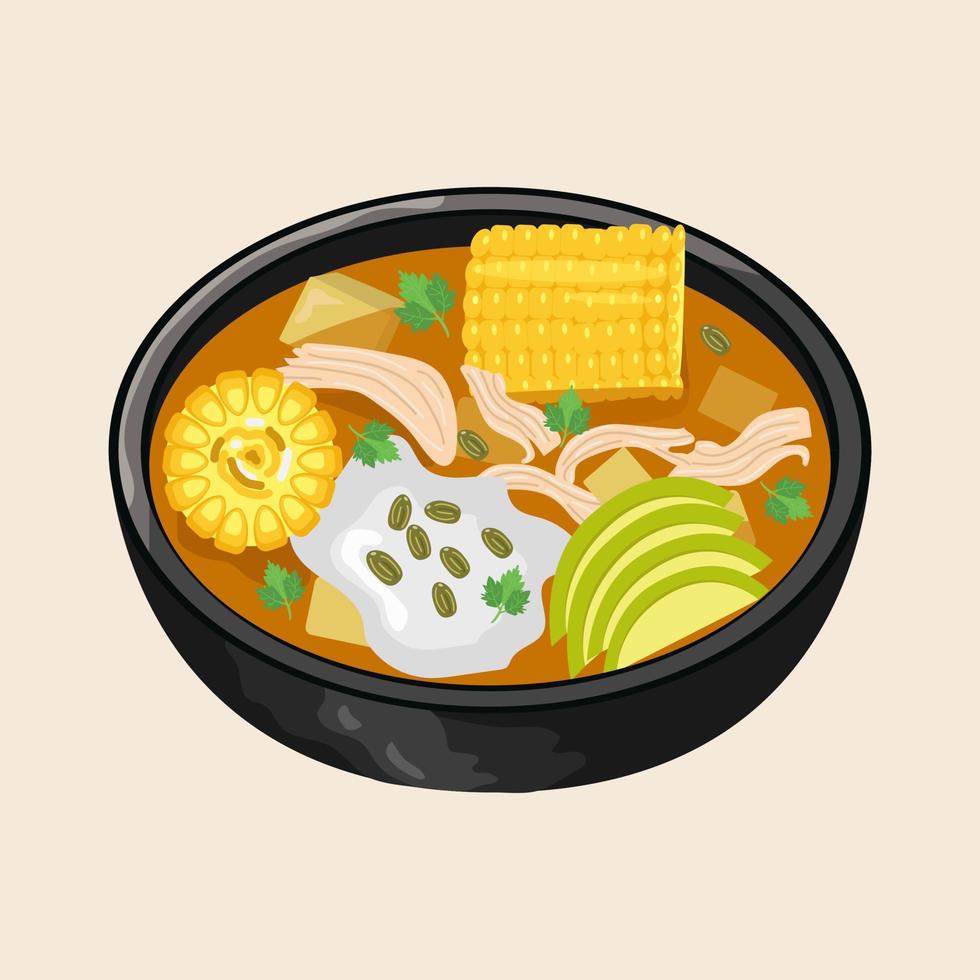 Ajiaco Soup.  Traditional meal of Colombian cuisine. Vector illustration of food. Popular Colombian soup with corn, chicken, potatoes, avocado and capers. White isolated background.