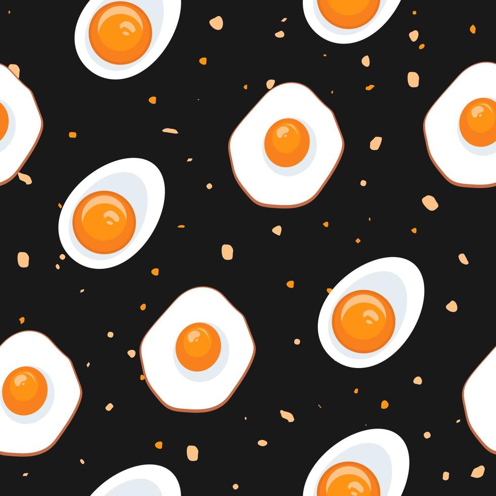 sin costura modelo con huevos. hervido y frito huevos en un negro antecedentes. huevo modelo. vector comida modelo. elegante impresión para tela. huevo con líquido yema de huevo.