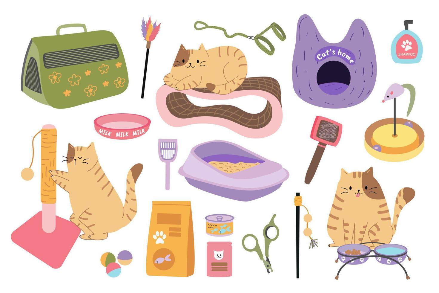 Vector set of accessories and grooming tools for cats. Cute pet cat. Pet and pet store equipment. Scratching post, cat litter box, toys, food, carrier, fluffer and scissors, soft seat, plates.