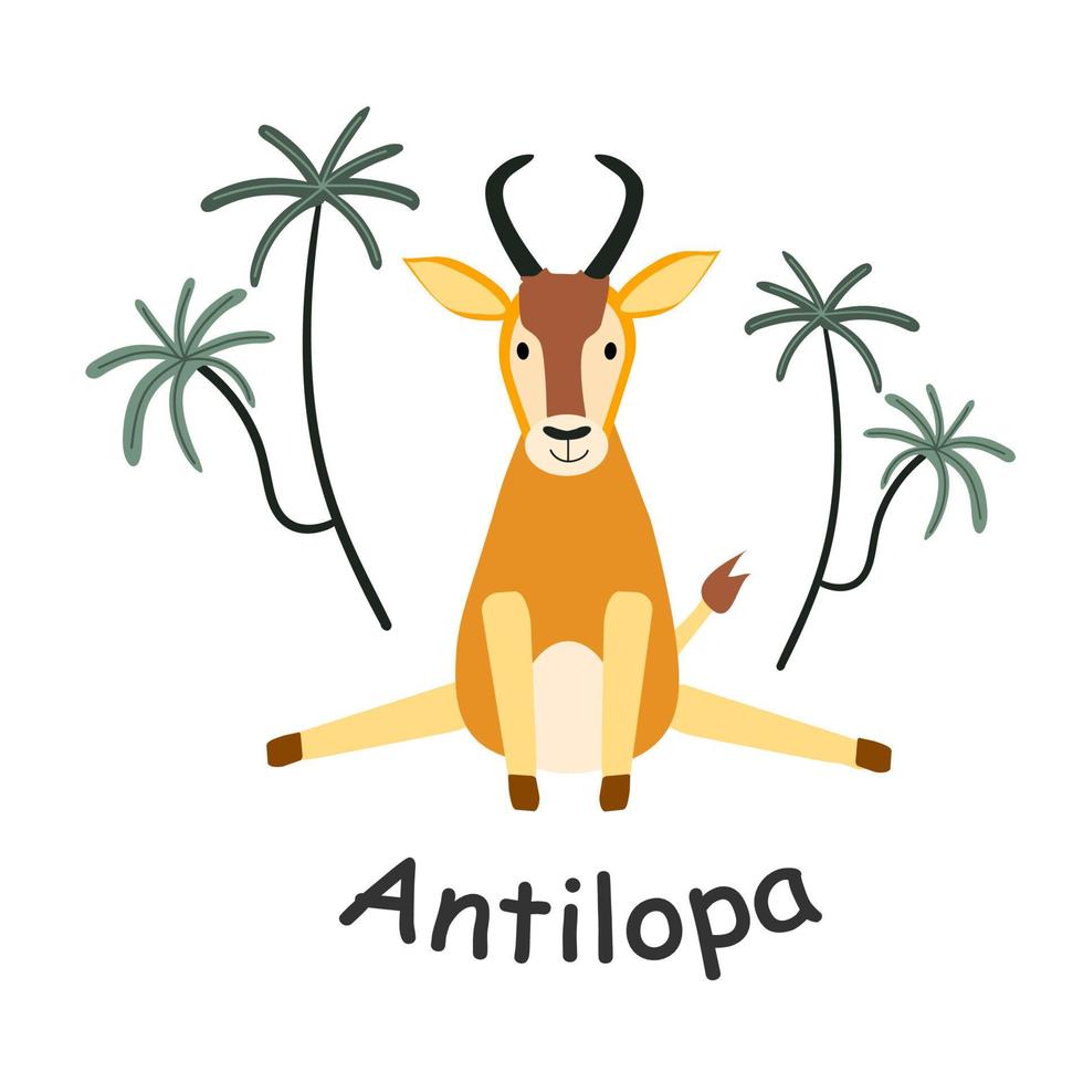 Cute vector antelope. Cartoon antelope, palm tree, inscription. Charming African herbivore animal isolated on white background. Print design on children's t-shirt. Flat style postcard design.