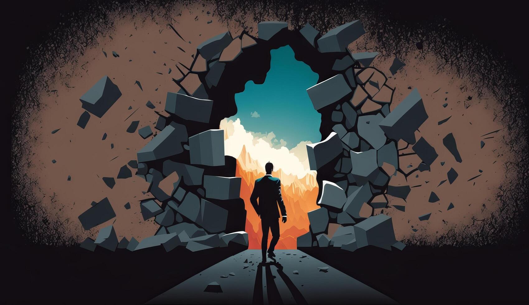 Business concept illustration of businessman insistently looking for way out by breaking the wall. photo