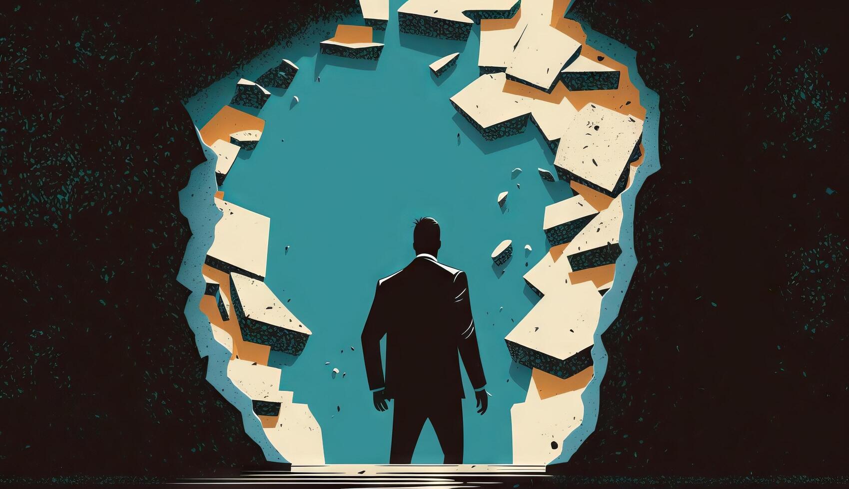 Business concept illustration of businessman insistently looking for way out by breaking the wall. photo