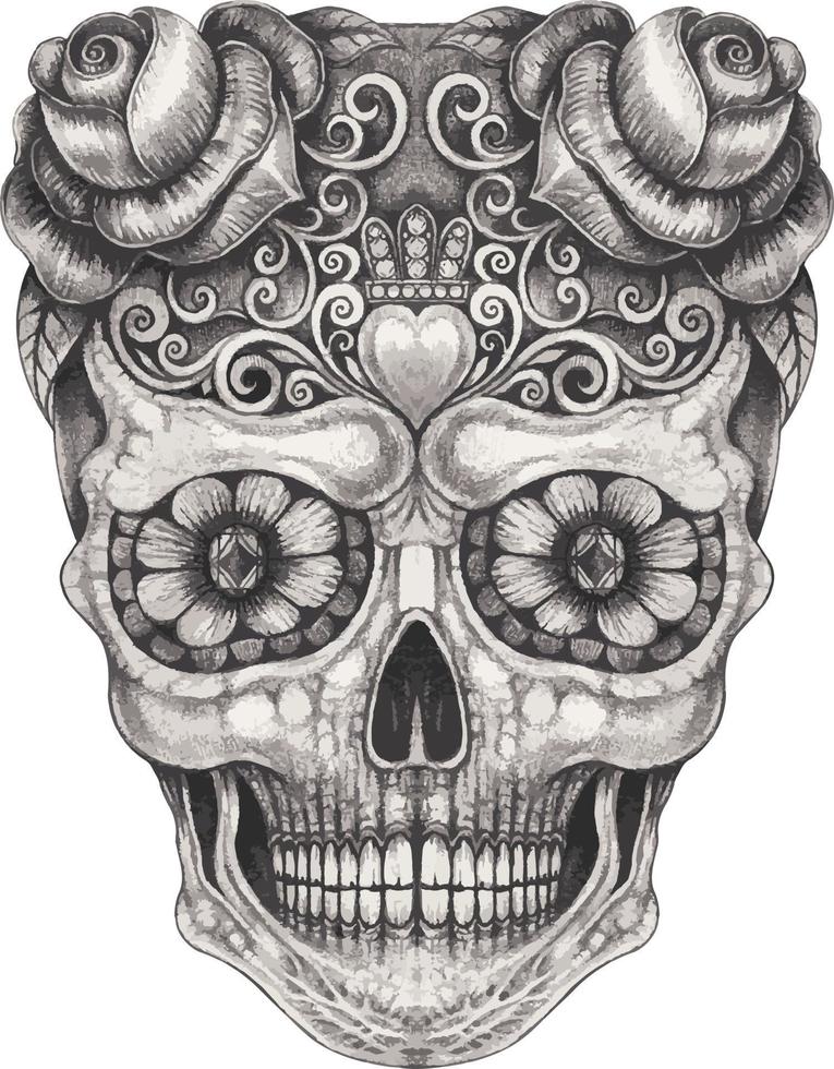 Art fancy skull day of the dead. Hand drawing and make graphic vector. vector