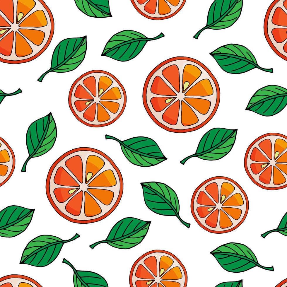 vector illustration seamless pattern orange slices with green leaves on white background