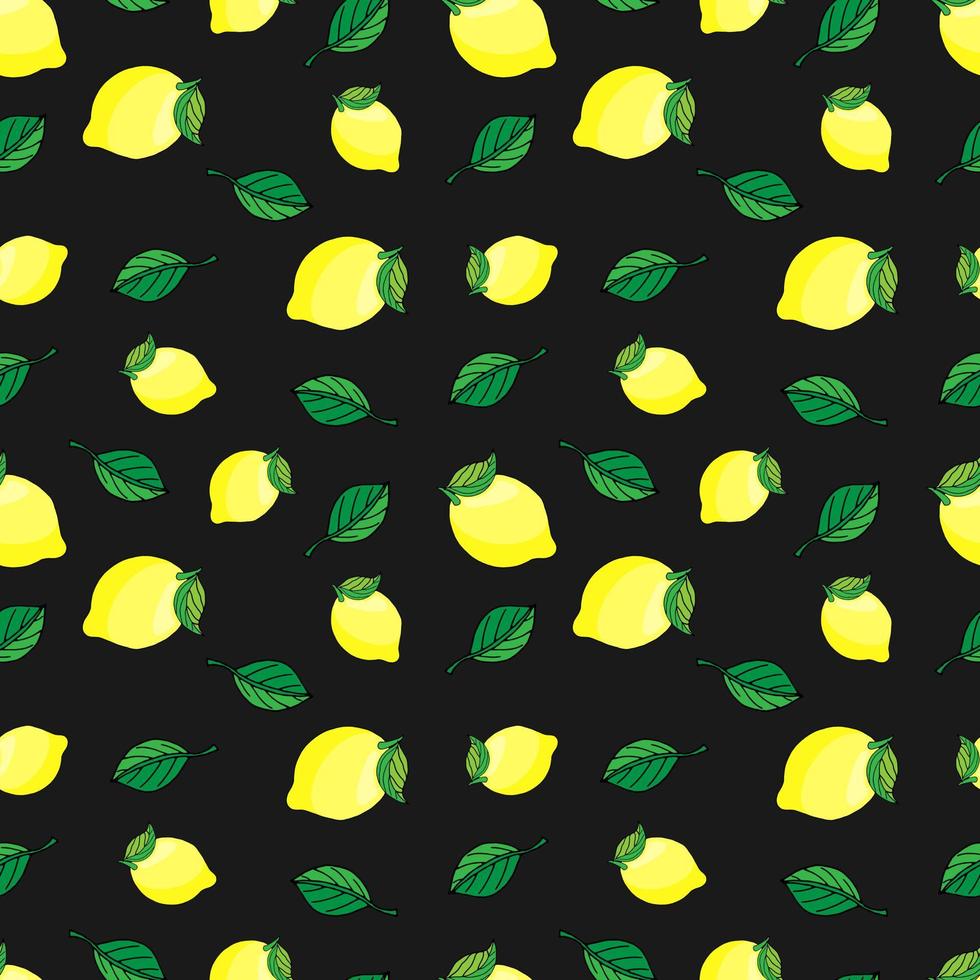 vector illustration seamless pattern lemons with leaves on black background